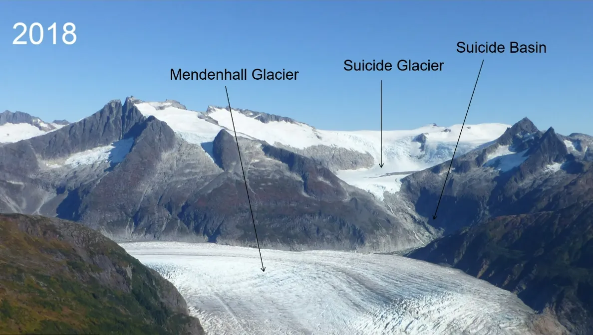 Suicide Basin and the remnant of Suicide Glacier photographed from Mount McGinnis in 2018