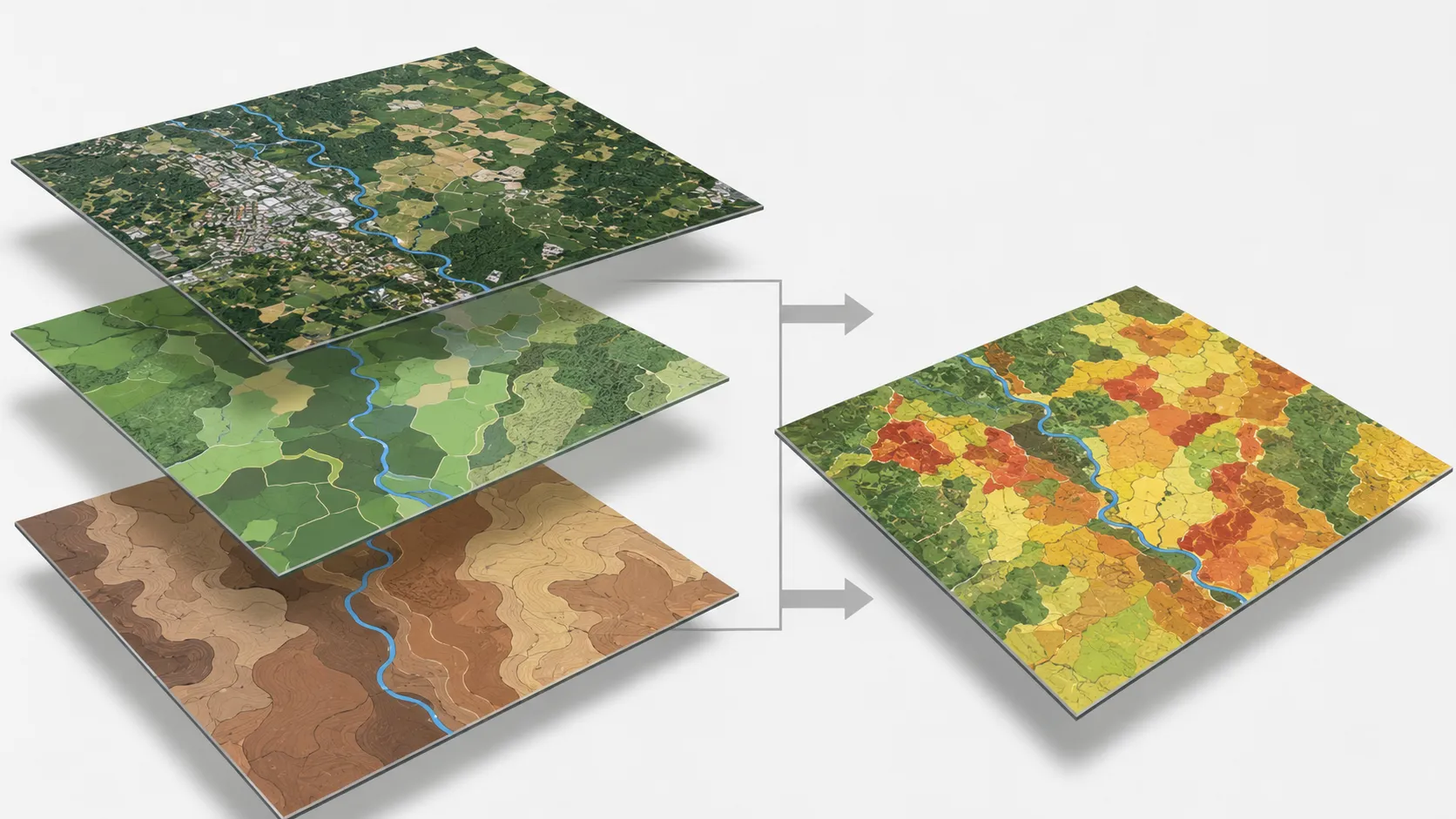 Three layers (satellite imagery, land use polygons, and soil polygons) combine into a single Curve Number raster