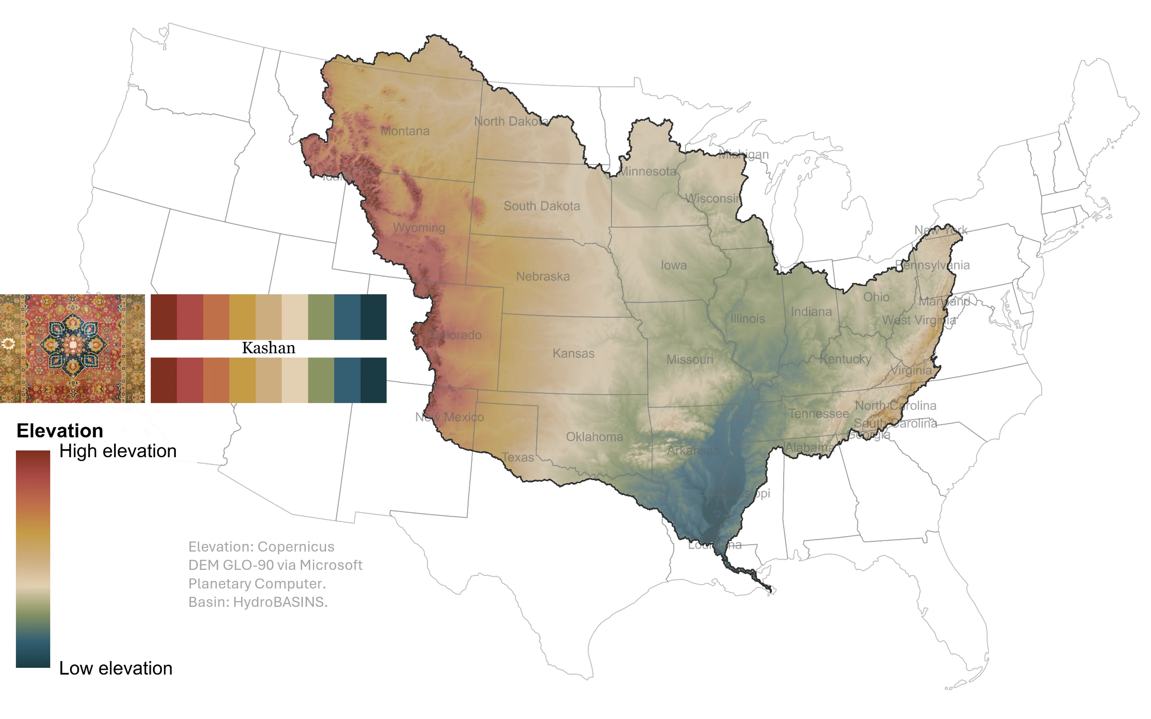 Kashan palette applied to a real-data map, showing warm brick, rose, ochre, and indigo tones
