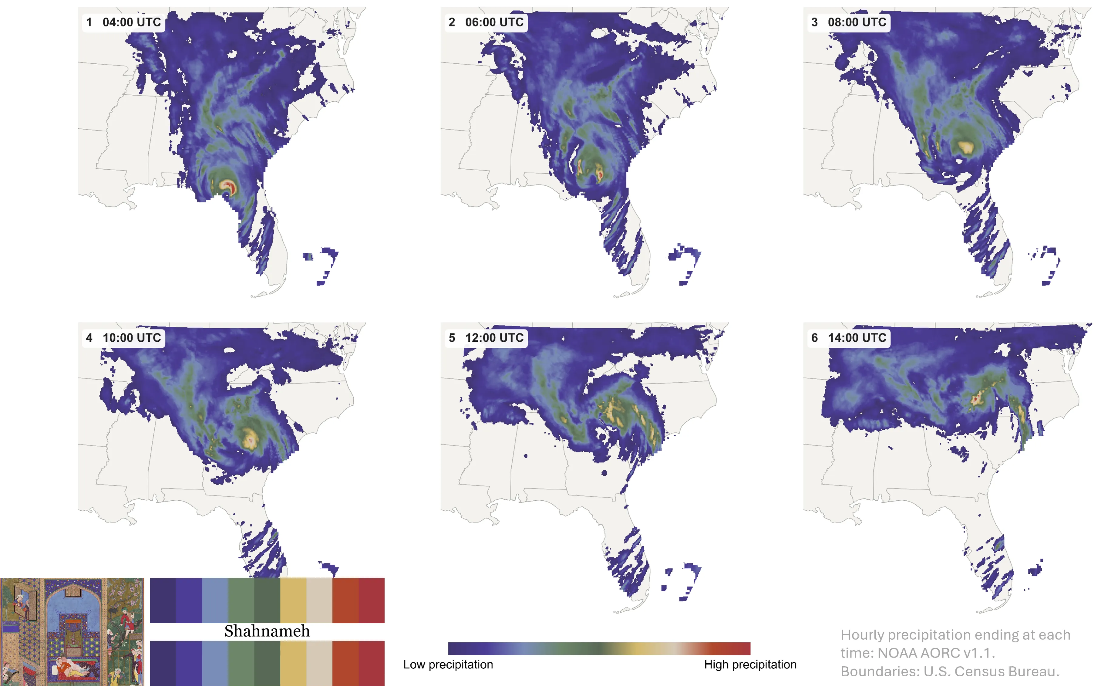 Shahnameh palette applied to a real-data map