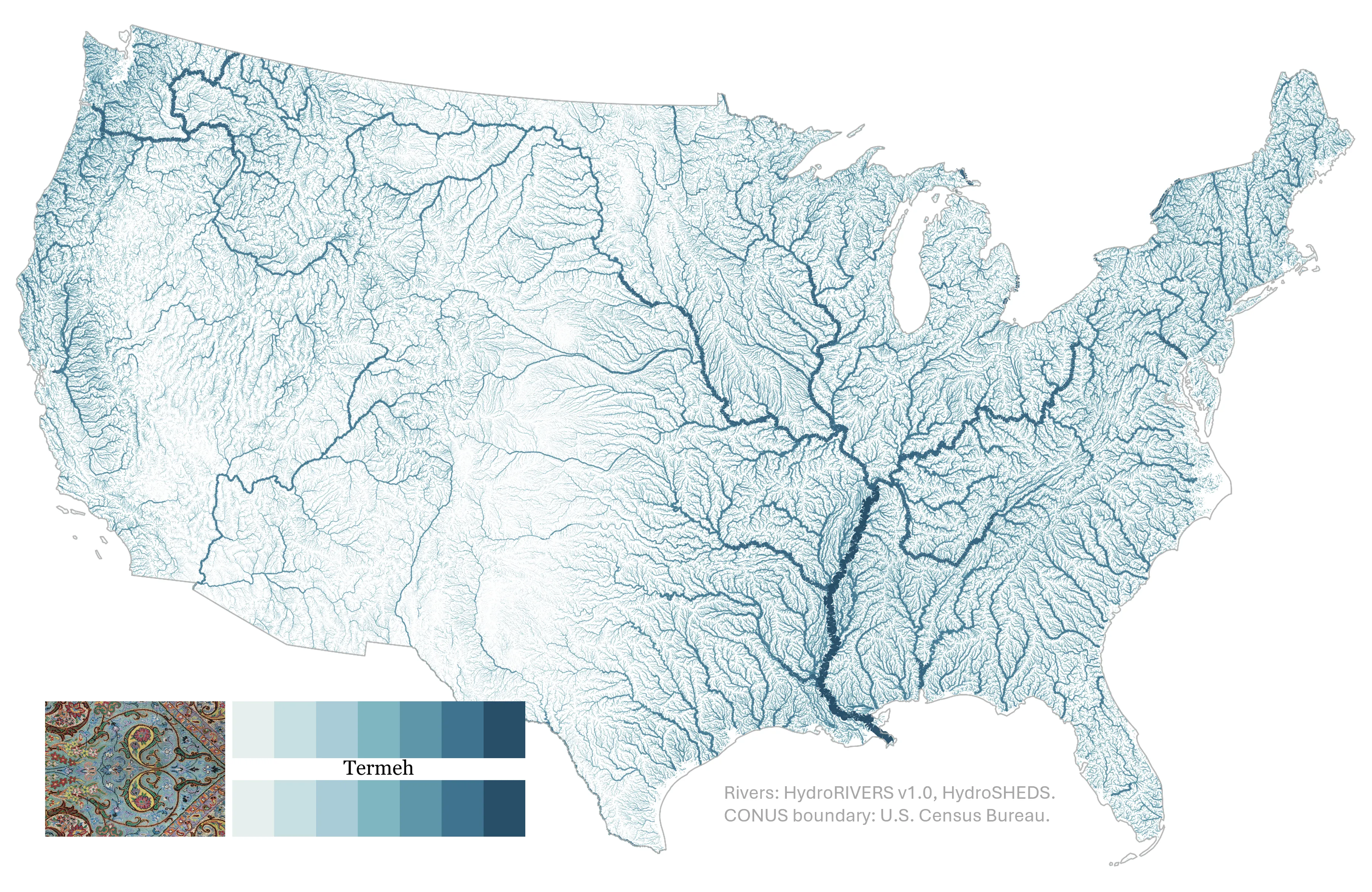 Termeh palette applied to a real-data map, moving from foam through river blue to deep indigo