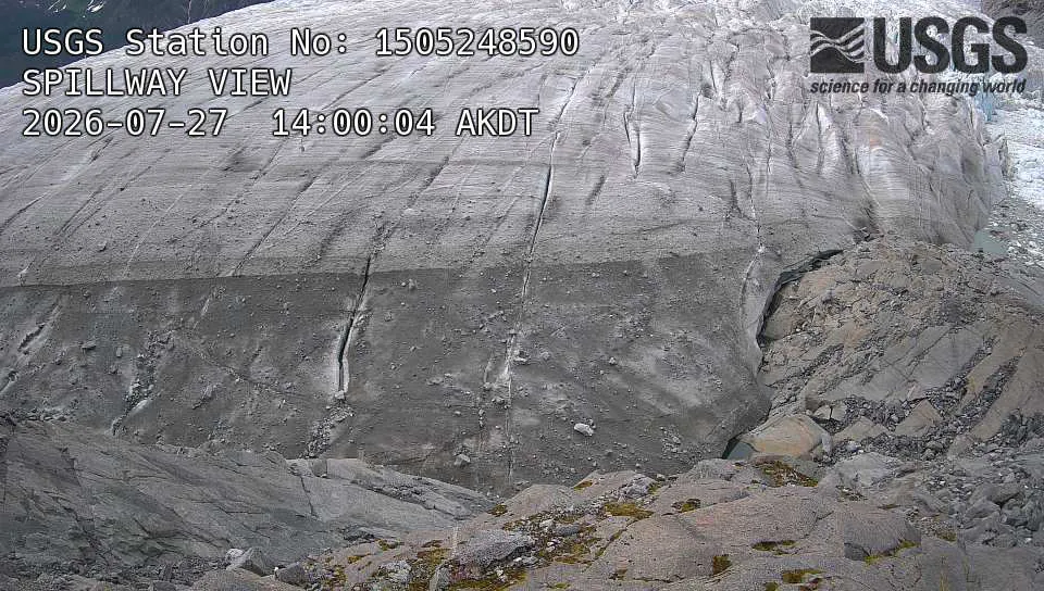 The Suicide Basin spillway dry on July 27, 2026