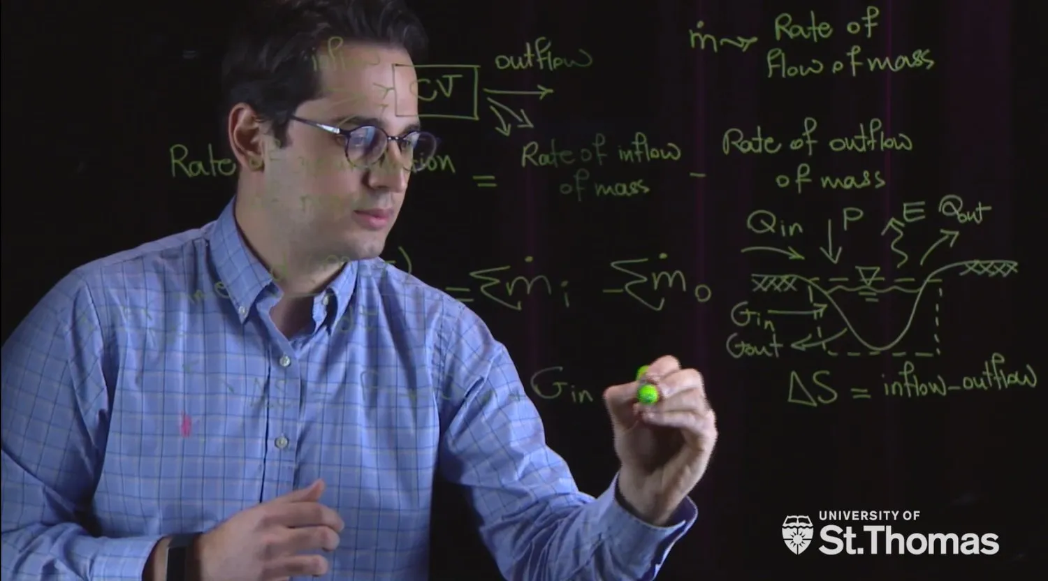 Mohsen Tahmasebi Nasab recording a fluid mechanics lecture on a lightboard