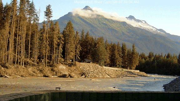 Timelapse of the Mendenhall River rising, cresting, and receding during the August 2026 outburst flood, seen from a fixed riverbank camera
