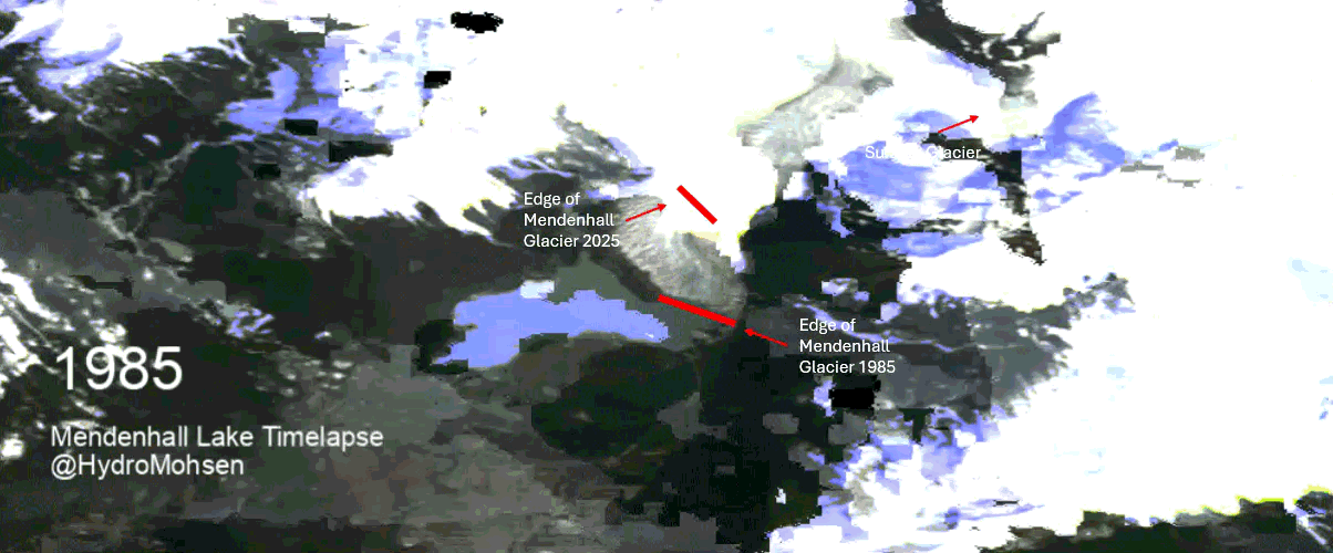 Satellite timelapse of Mendenhall Lake and the retreating Mendenhall Glacier from 1985 to 2019